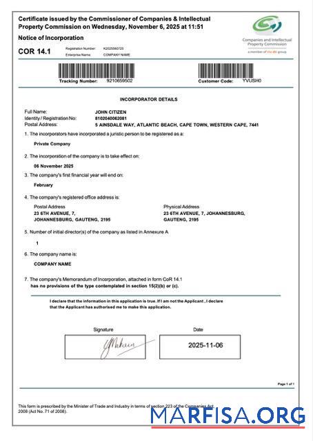 Blank South Africa certificate of incorporation Word and PDF template